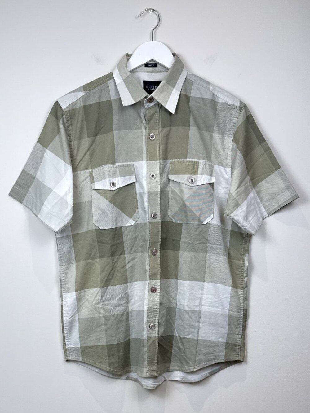 GUESS Mens Short Sleeve Plaid Button Up Shirt Size 2XL Smart Fit Green White